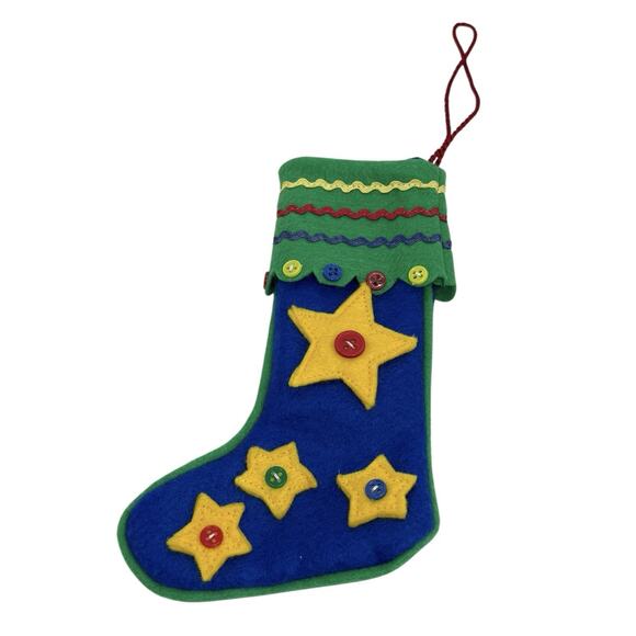 Vintage 7” Felt Christmas Stocking Embroidered Yellow Stars Appliqués Buttons - Picture 10 of 10